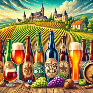 A colorful display of French craft beers, featuring bottles and glasses of amber, pale, and dark beers set against iconic French landscapes including vineyards and rustic breweries. The image highlights the diversity of regional French breweries.