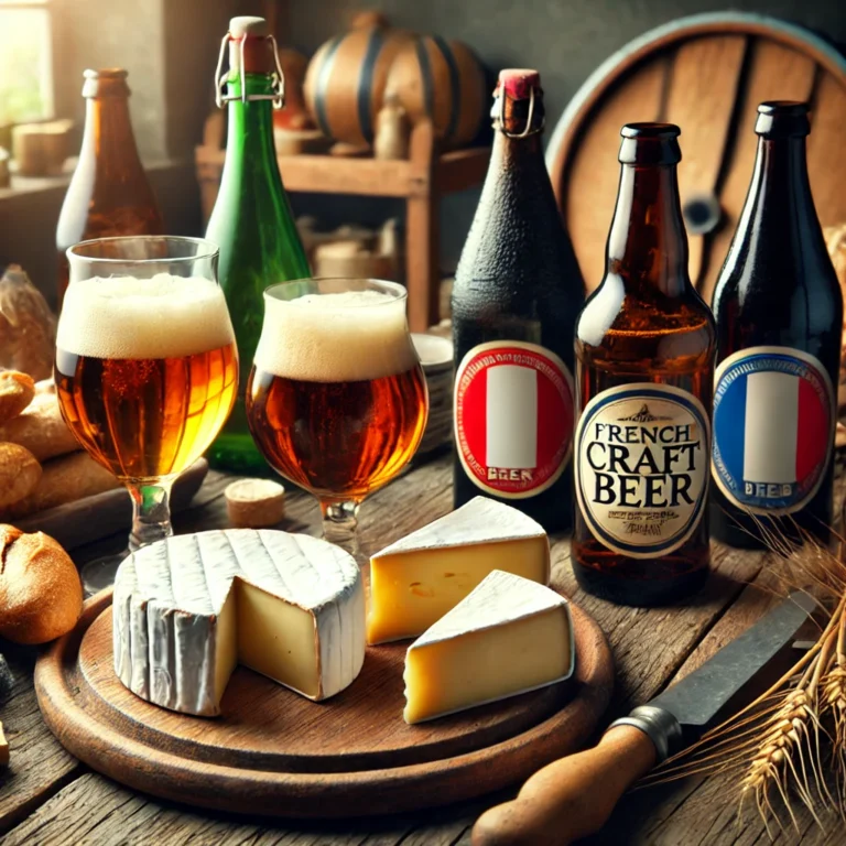 Close-up of French craft beers in bottles and glasses paired with a rustic cheese platter featuring Brie and Camembert, set on a wooden table with bread.