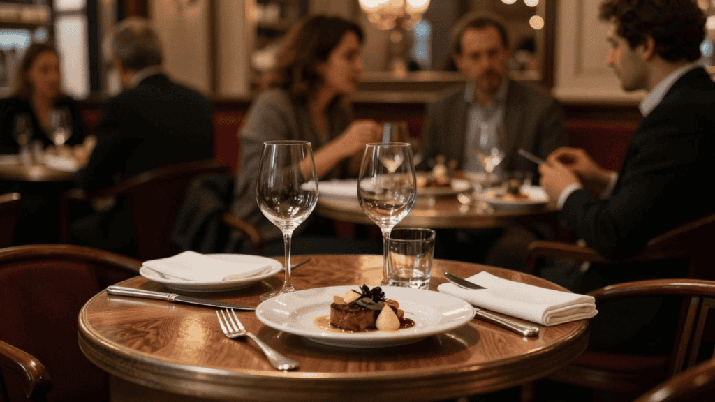 Elegant restaurant table in focus with a plated dish, two wine glasses, and silverware, diners blurred in the background.