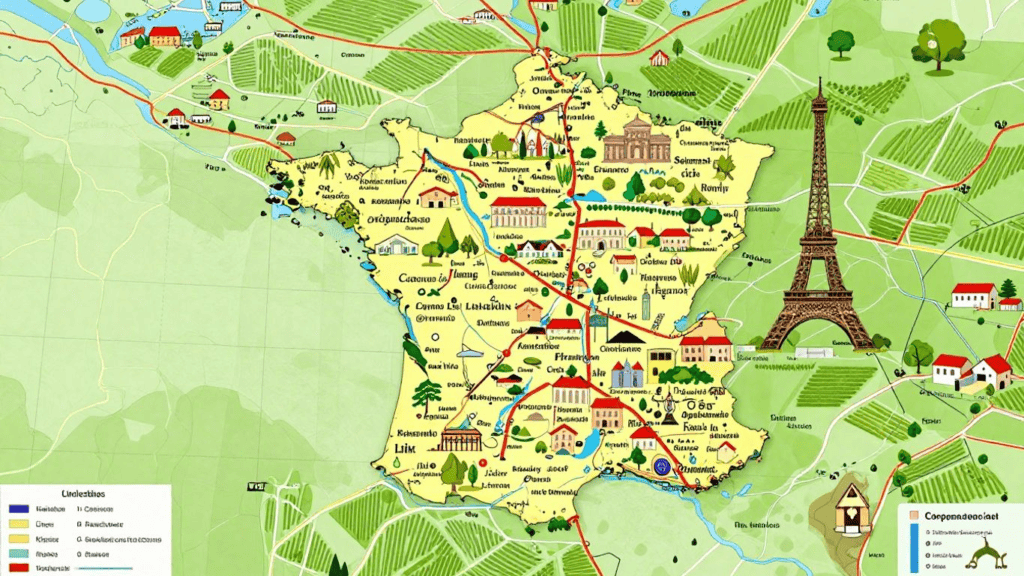 Colorful illustrated map of a countryside region with a central yellow landmass, winding roads, rivers, vineyards, and small buildings; a tall Eiffel Tower silhouette appears on the right side.