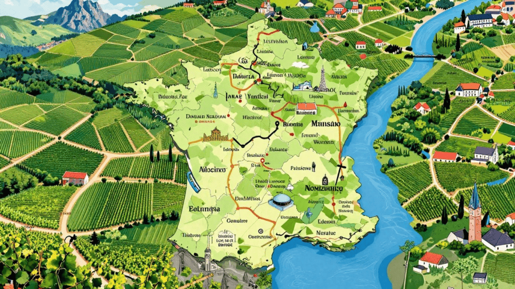 Illustrated map of a river valley surrounded by vineyards, hills, and clustered villages with labeled towns and roads center-stage.