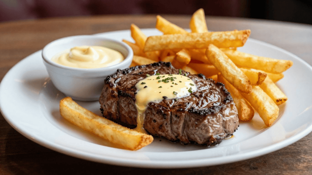 Juicy grilled steak with melted butter and herbs, accompanied by golden French fries and a side of creamy sauce on a white plate.