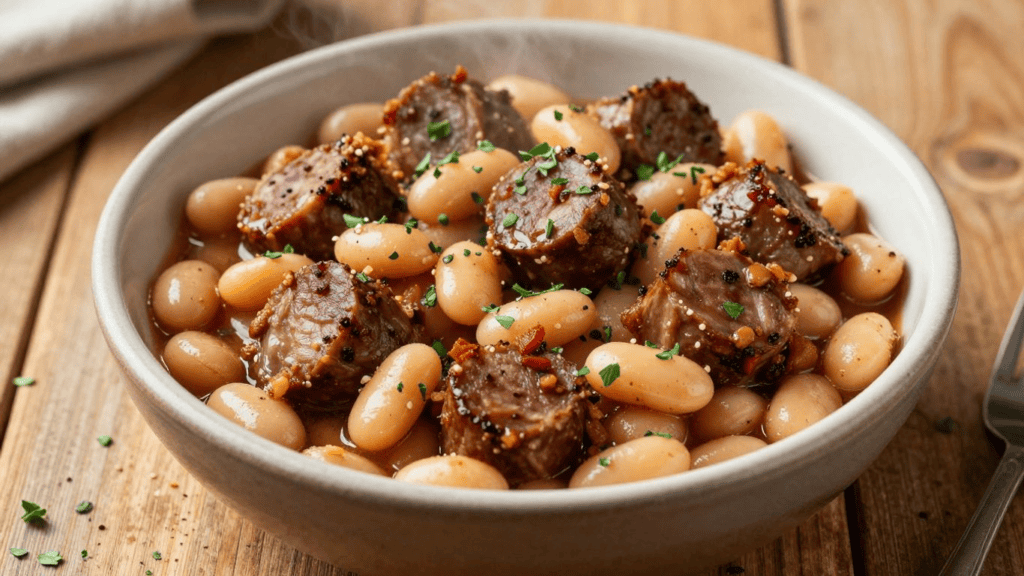 Bowl of white beans with sliced sausage chunks, garnished with chopped parsley on a wooden table.