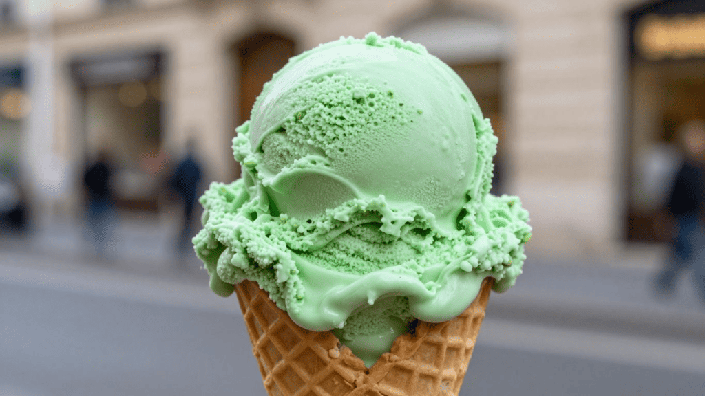 Mint green ice cream scoop on a waffle cone held outdoors with a blurred urban street background.