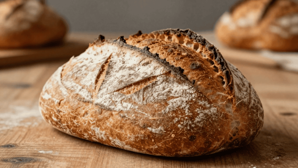 Crusty round loaf of artisan bread on a wooden table, lightly dusted with flour.