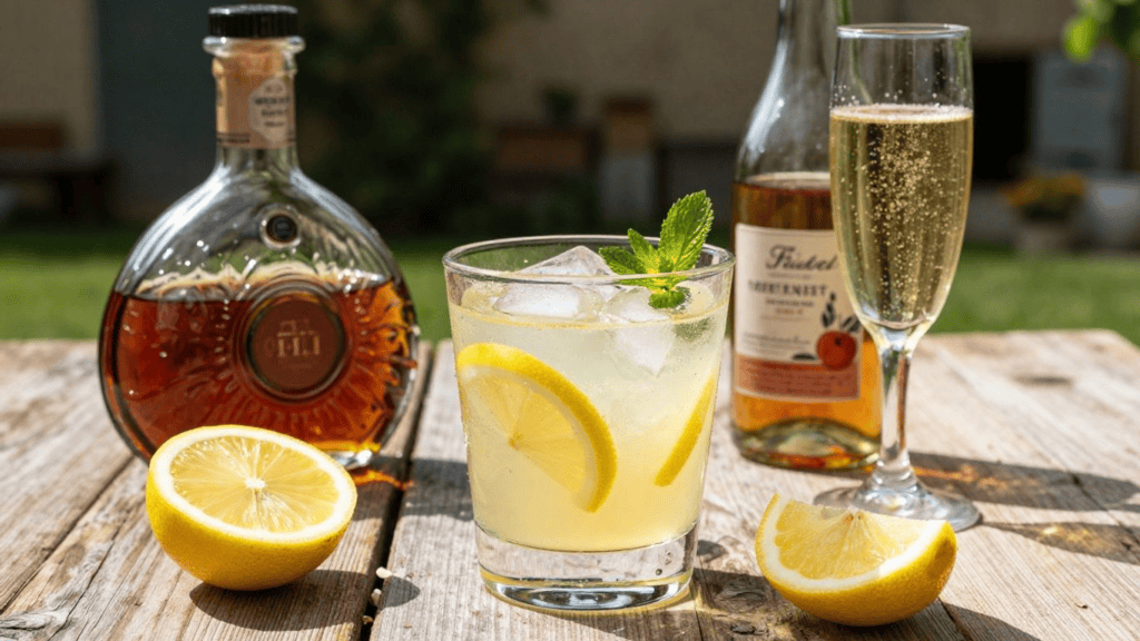 Lemon cocktail on a wooden table, garnished with mint and lemon wedges, with a liquor bottle and a champagne flute in the background.