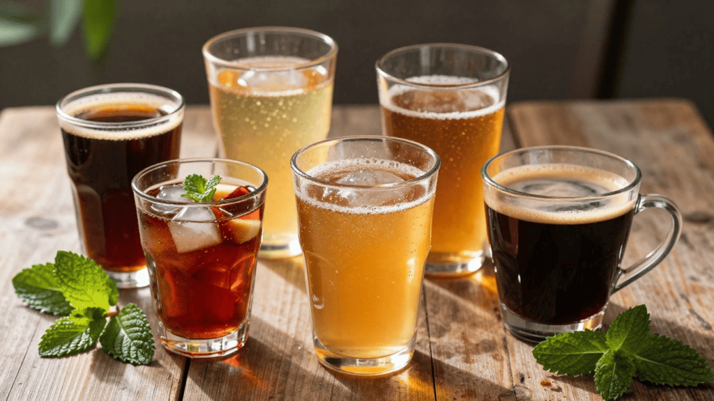 Six assorted beers in different glasses sit on a rustic wooden table with fresh mint leaves nearby.