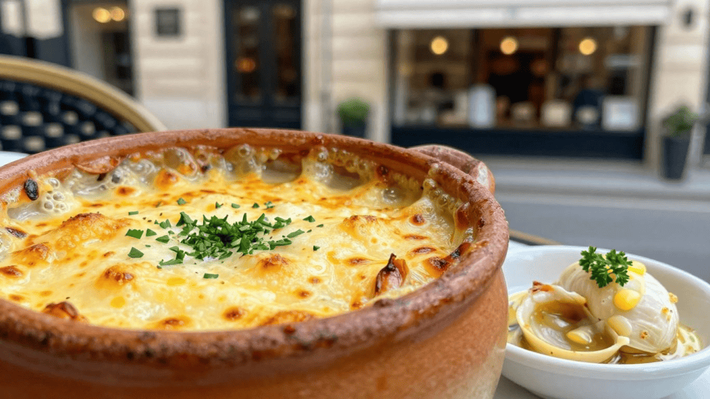A large clay pot holds bubbling, browned cheese with parsley on top, served with a small white dish of onions on the side.