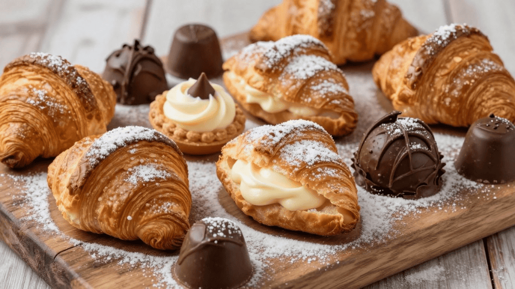 Assorted pastries on a wooden board: cream-filled croissants, chocolate truffles, and a small tart, lightly dusted with powdered sugar.