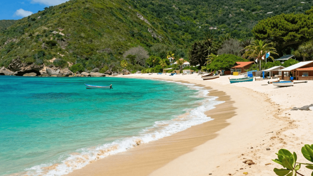 Tropical beach with clear turquoise water, sandy shore, and small colorful boats near palm trees and beach huts.