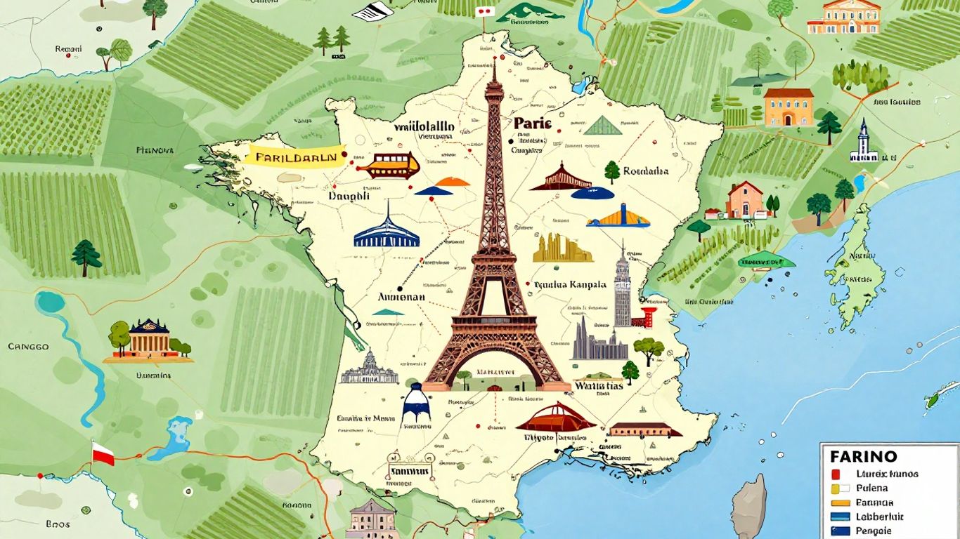 Map of France with tourist destinations highlighted.
