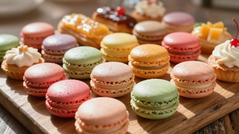 Assortment of colorful Parisian pastries and tarts.