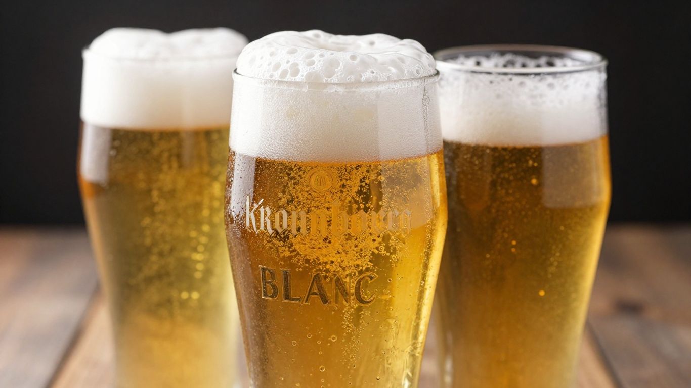 Glass of Kronenbourg Blanc wheat beer with foam