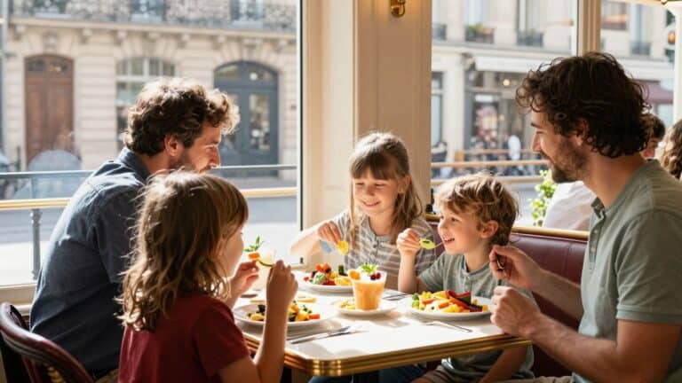 Family enjoying a meal at a Parisian cafe.