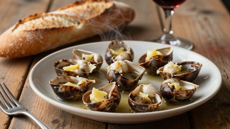 Parisian escargots with baguette and red wine.
