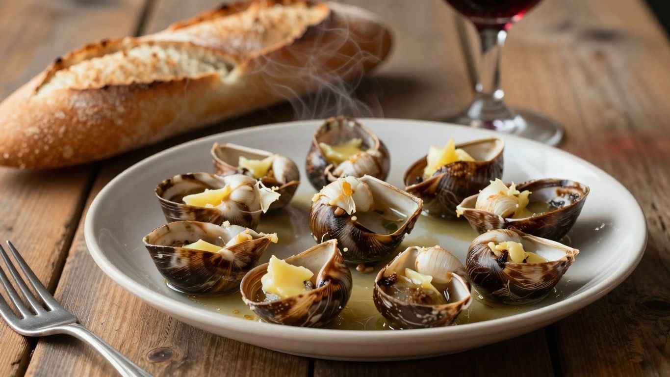 Parisian escargots with baguette and red wine.
