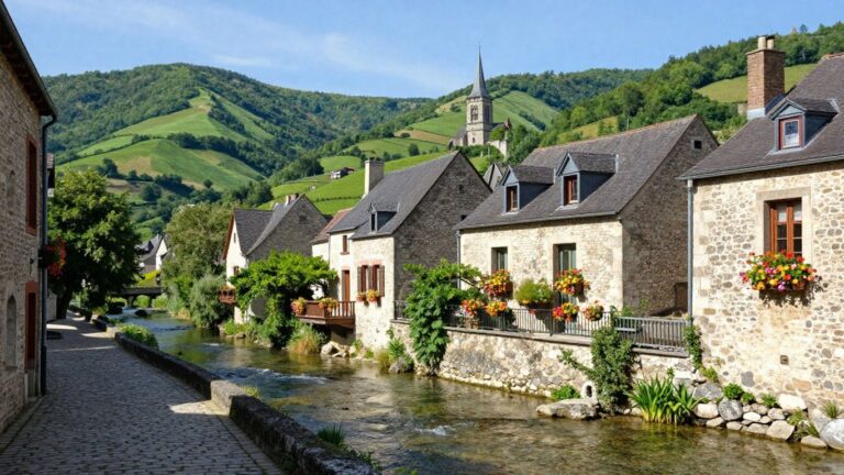 Charming French village with cobblestone streets and river.