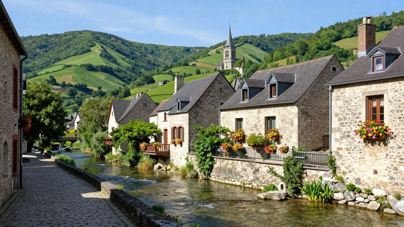 Charming French village with cobblestone streets and river.