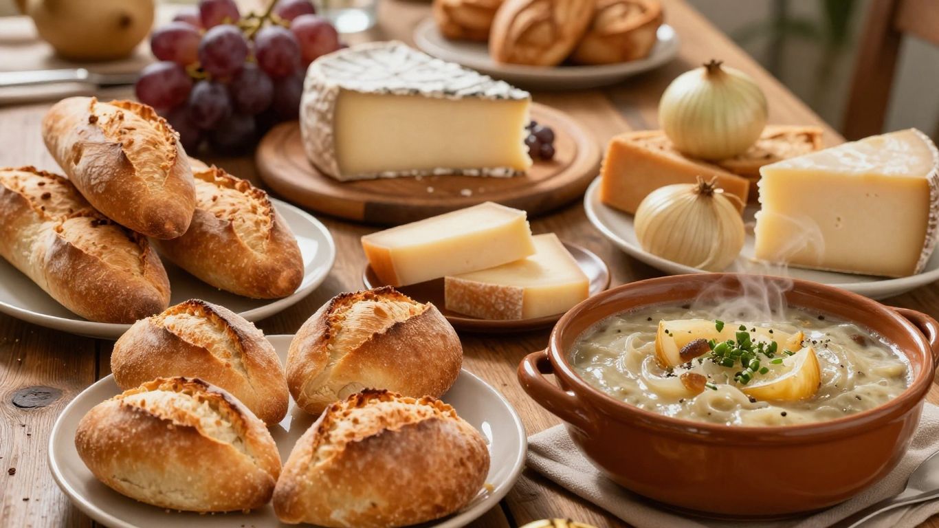 Delicious French food spread on a rustic table.
