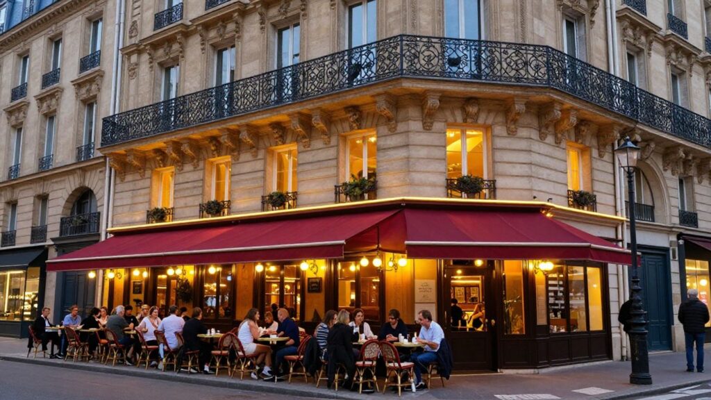 Trendy Parisian restaurants at dusk with outdoor dining.
