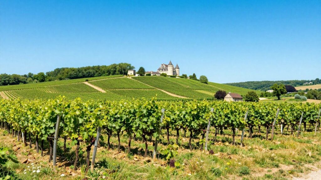 Vineyard landscape in France during springtime.