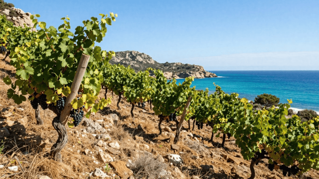 Vineyard along a rocky hillside with grapevines and dark grapes, overlooking turquoise sea.