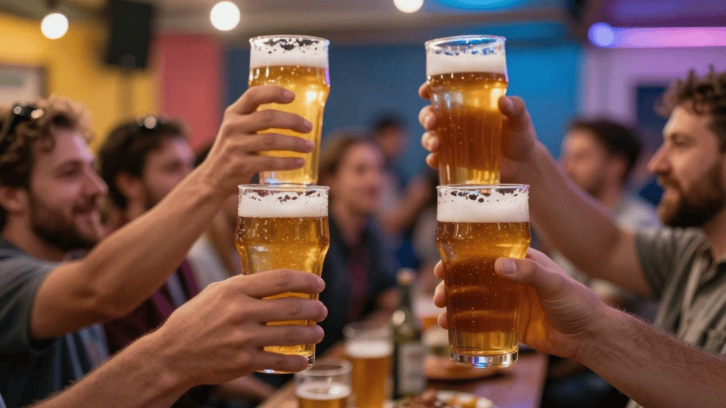 Group of friends toasting with beer glasses at a lively bar or pub.