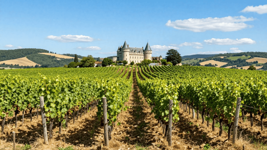 Vineyard rows stretch toward a stone castle on a hill under a clear blue sky.