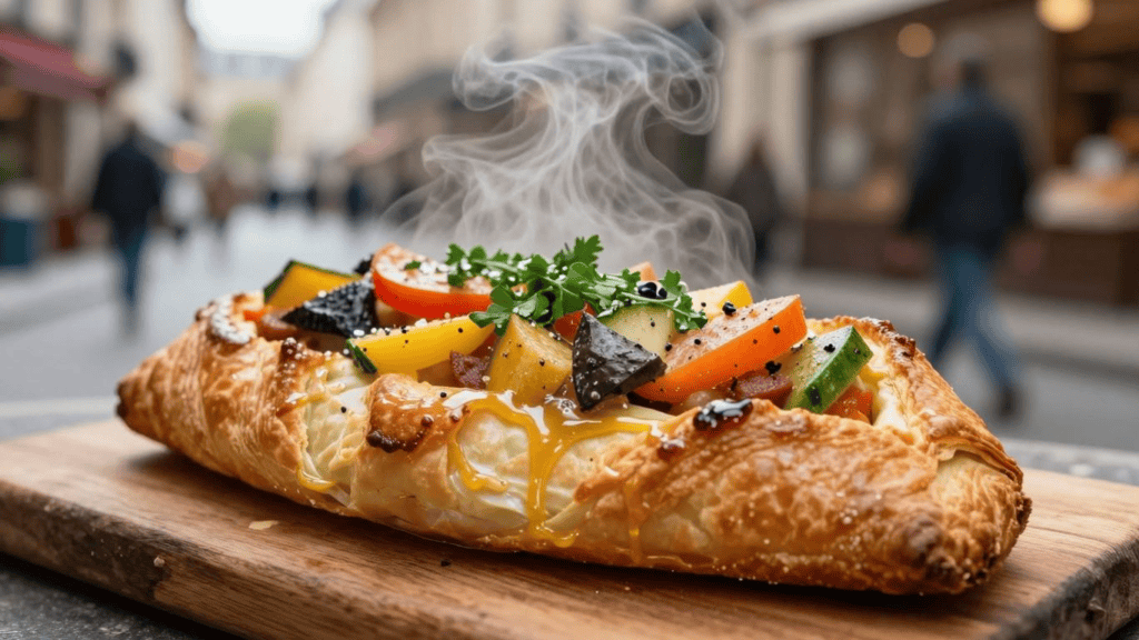 Crispy puff pastry filled with melted cheese and diced vegetables on a wooden board, steam rising upward from the filling.