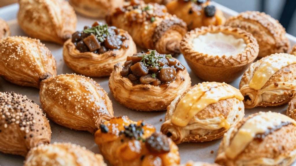 Assorted Danish pastries on a baking sheet with various toppings like fruit, cheese, and chocolate.