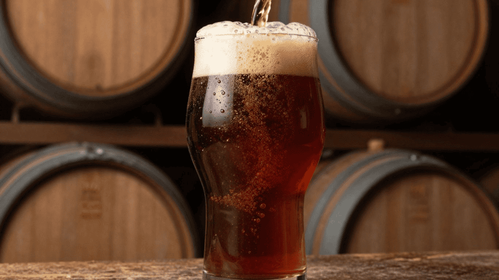 Tall glass of dark beer with a foamy head being poured, set against a backdrop of wooden barrels.