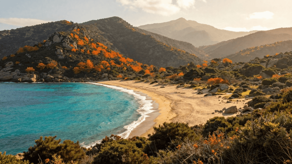 Curving sandy beach along turquoise sea with orange autumn trees on rocky hills in the distance.”