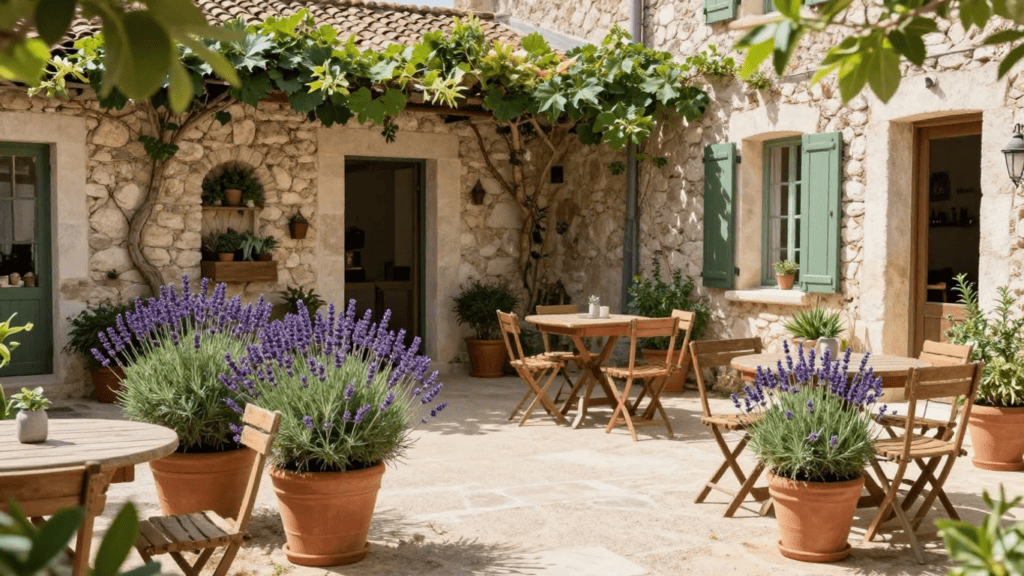 Stone courtyard with wooden tables and chairs, and lavender-filled terracotta pots against stone walls with green shutters on a sunny day.