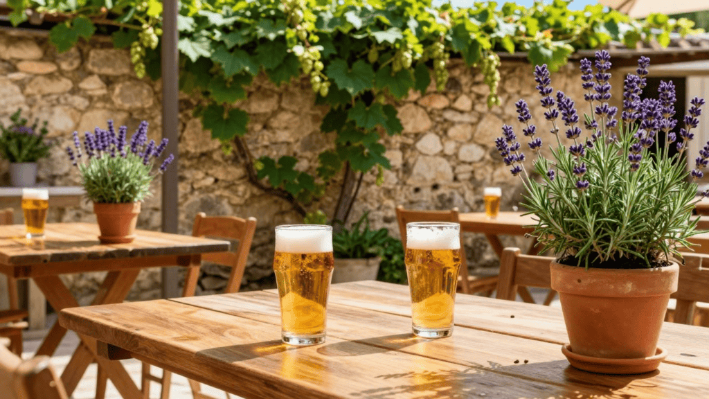 Outdoor patio scene with wooden tables and chairs, two pints of beer on a table, and potted lavender plants against a stone wall.