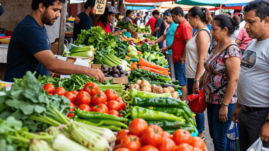 Crowded outdoor market stall with a wide display of fresh vegetables while shoppers browse and a vendor handles produce.