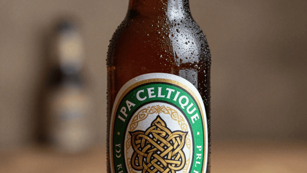 Close-up of a beer bottle with condensation on the glass and a green-and-gold label that reads 'IPA CELTIQUE' and features a gold Celtic knot design, against a blurred background.