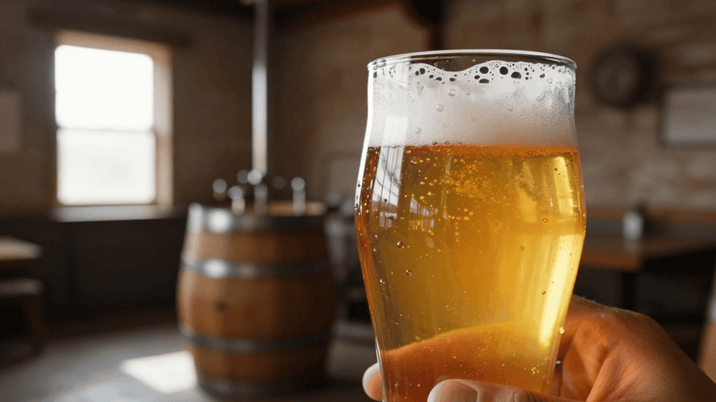 Close-up of a pint glass of beer with a foamy head, held in a brewery with a wooden barrel in the background.
