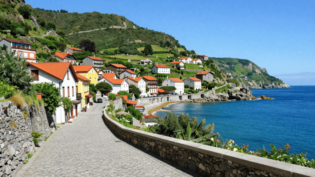 Coastal hillside village with colorful houses along a curved cobblestone street by the sea on a sunny day