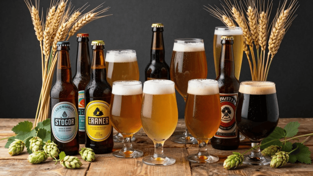 Assorted beer bottles and poured glasses on a wooden table with wheat stalks and hops in the background, resembling a beer flight.