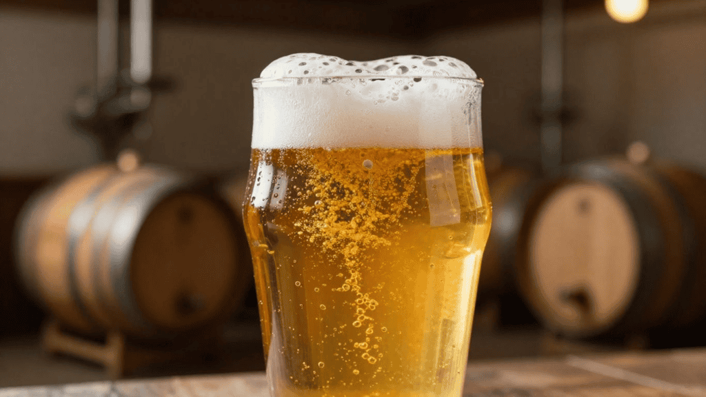 Pale beer in a tall glass with a foamy head and bubbles, set against a background of wooden beer barrels in a brewery.