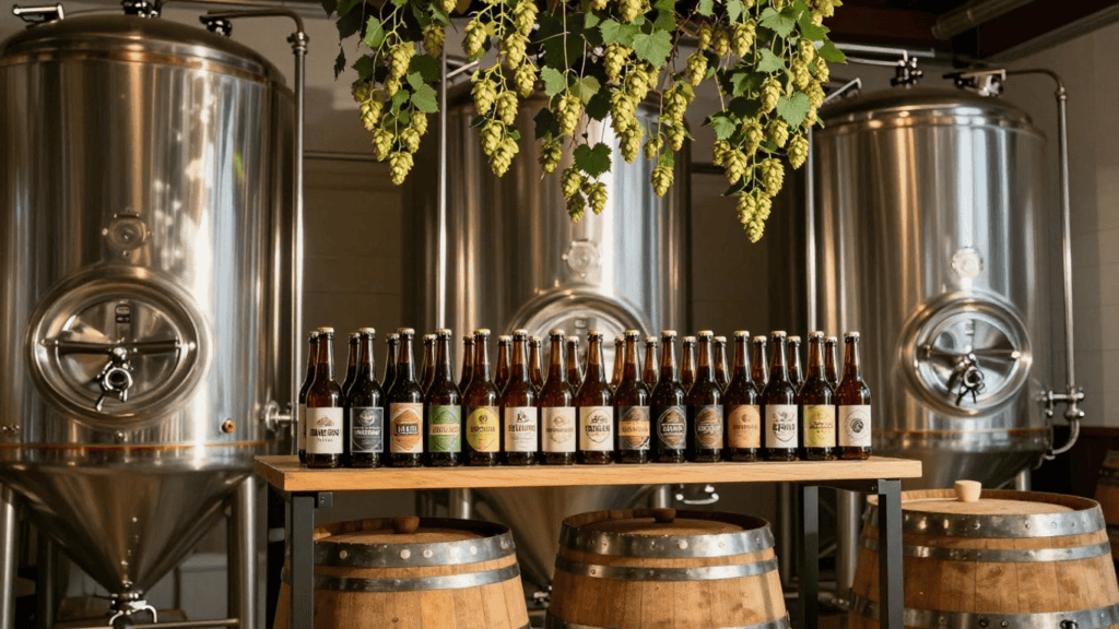 Row of beer bottles lined up on a wooden table in a brewery, with large stainless steel fermenters and hanging hops overhead, creating a craft beer vibe.