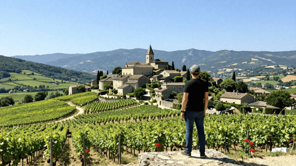 Man in a black shirt and cap stands on a rock, looking out over a vineyard and stone village on a hillside.