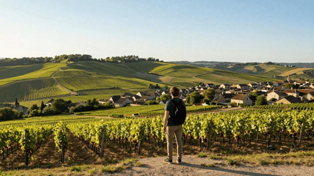 A person with a backpack standing on a dirt path, overlooking a lush vineyard and a small village in rolling countryside under a clear blue sky.