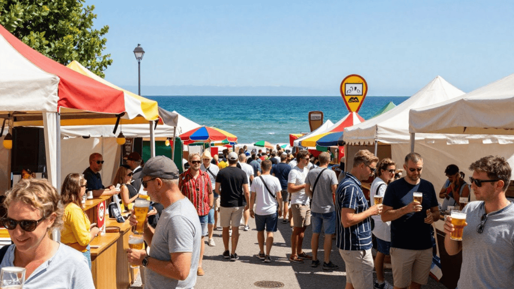 Crowd of people at a sunny beachside market with colorful tents along the boardwalk and the ocean in the background.