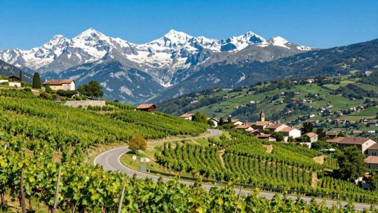 Scenic road through vineyards to the Pyrenees mountains.