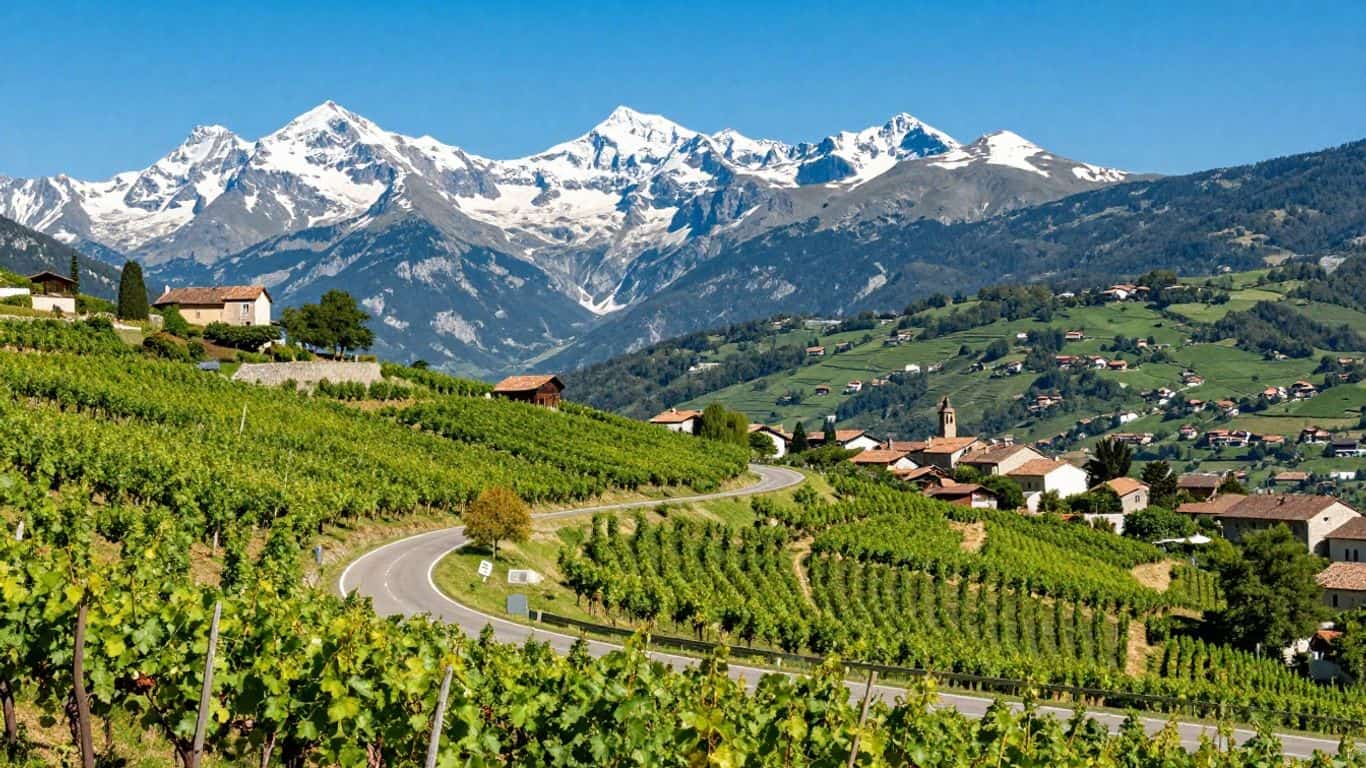Scenic road through vineyards to the Pyrenees mountains.