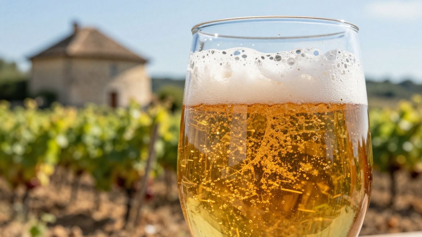 Craft beer in a glass with vineyards in the background.