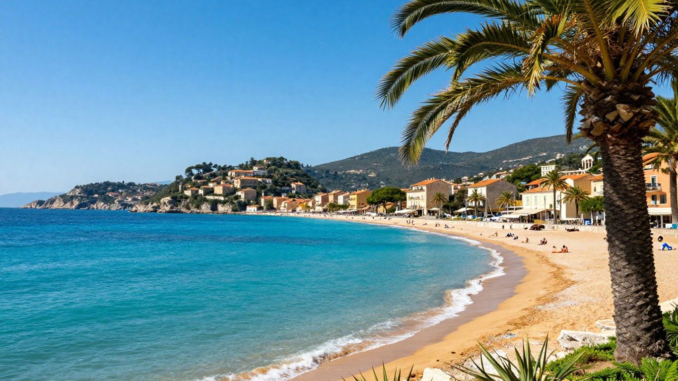 Southern France coast with beaches and towns.