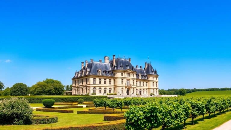 Loire Valley château and vineyards under a blue sky.