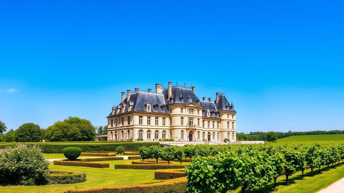 Loire Valley château and vineyards under a blue sky.